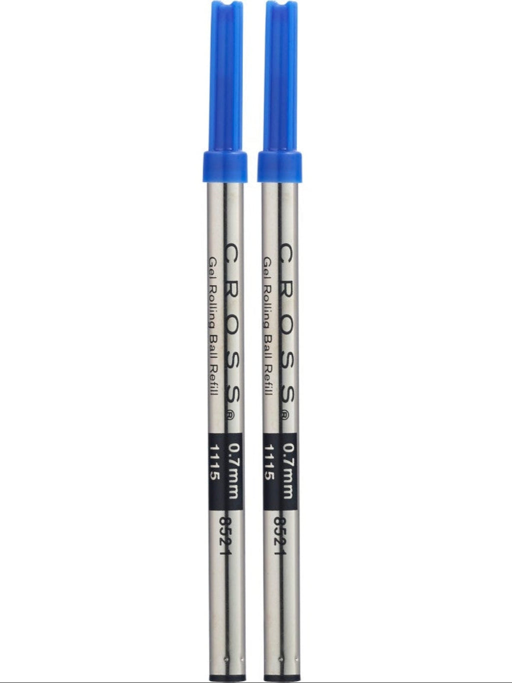 Two blue-capped rollerball gel refills, silver barrels with blue ink, medium
