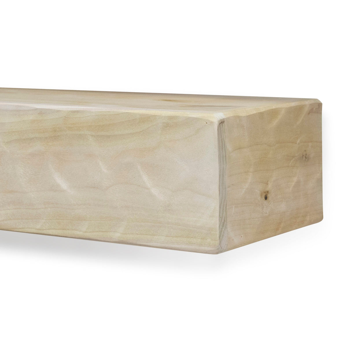 Unfinished light wood mantel shelf with squared end and visible knots