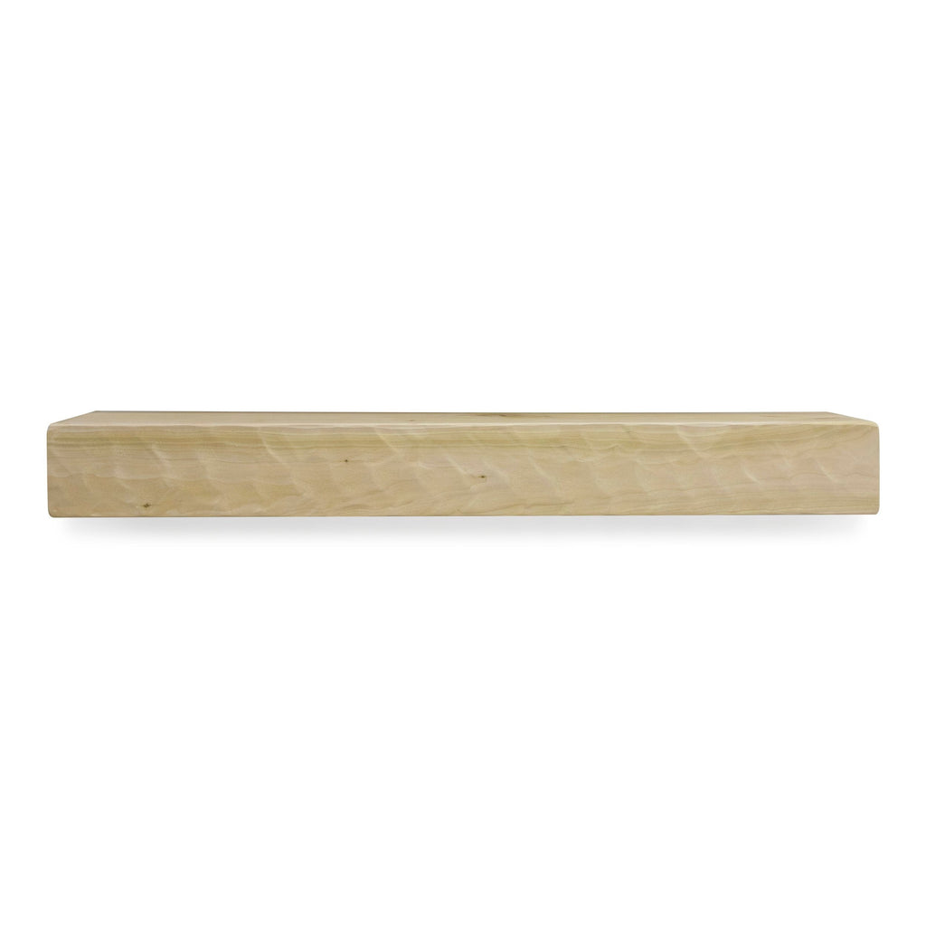 Unfinished wood mantel shelf in light natural tone with visible grain