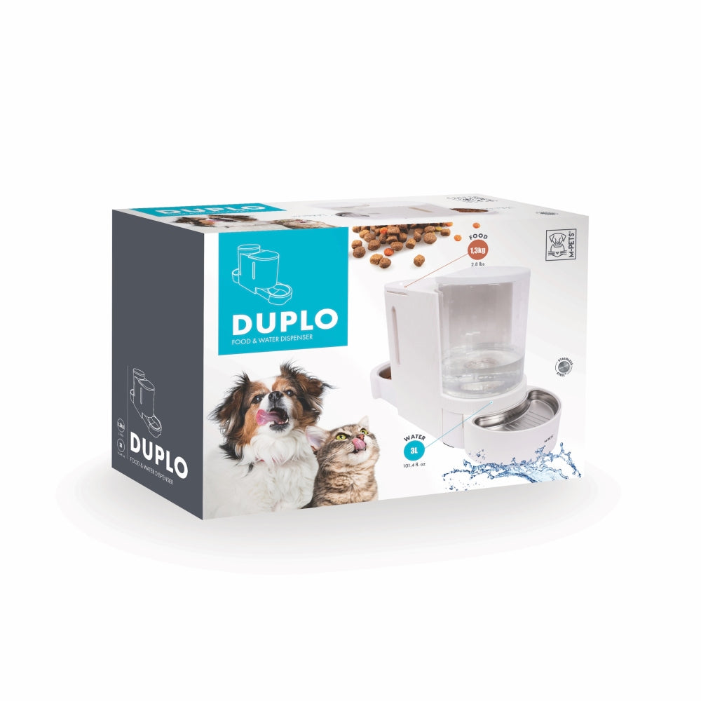 Duplo 2-in-1 automatic food and water dispenser box with product illustration