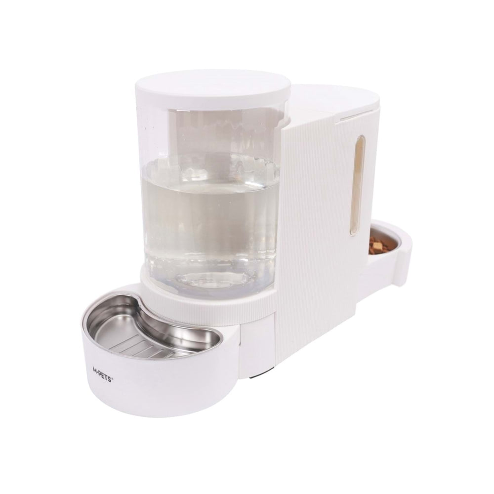 White 2-in-1 automatic pet food and water dispenser with clear dual reservoirs