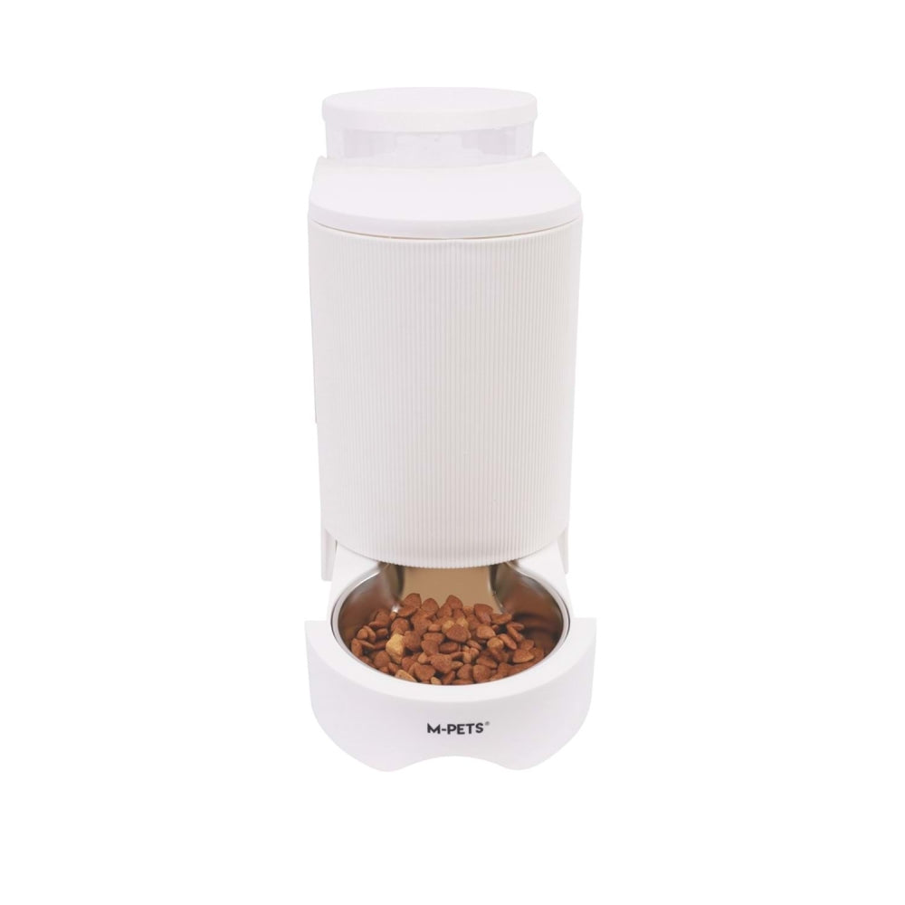 White vertical 2-in-1 pet food and water dispenser with transparent tank and bowl