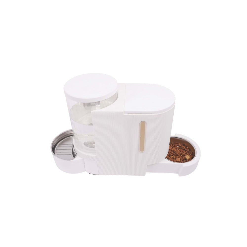 White side-view 2-in-1 automatic pet dispenser with clear container and metal food tray