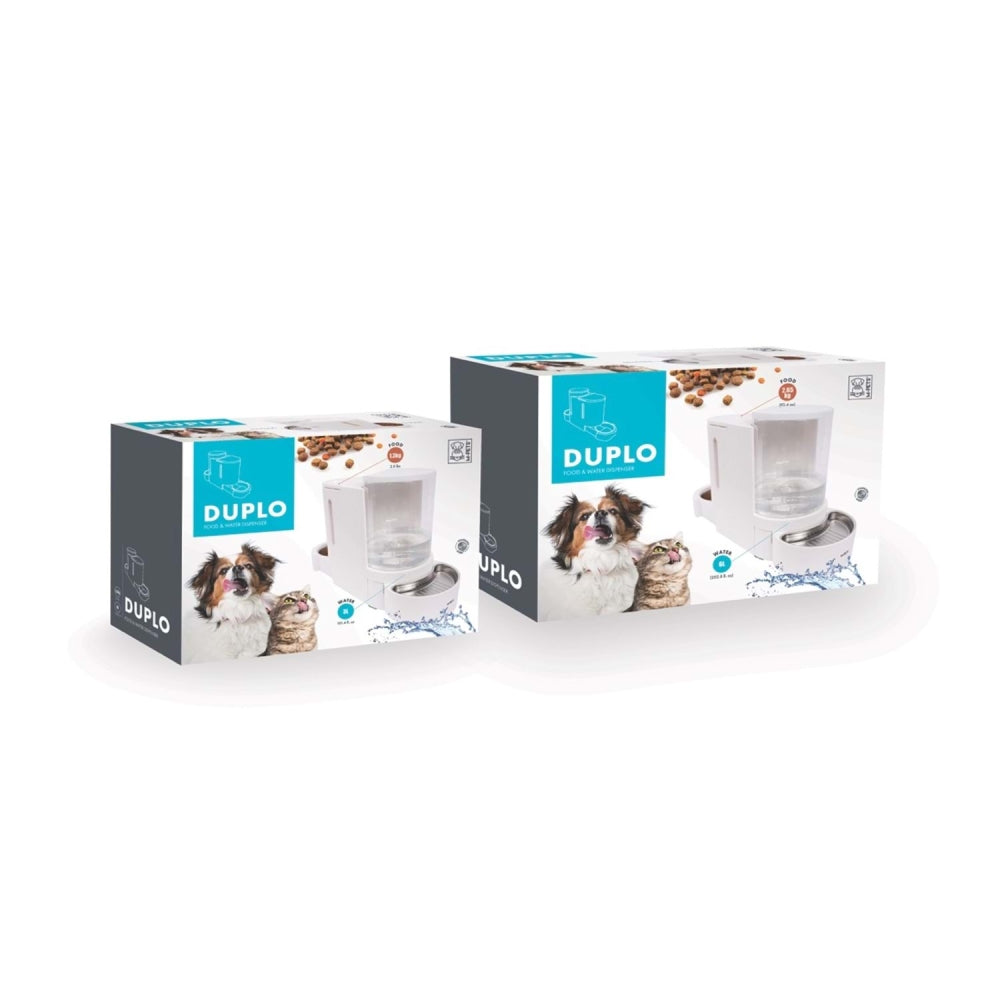 Two Duplo 2-in-1 automatic dispenser boxes with pet images and product graphic