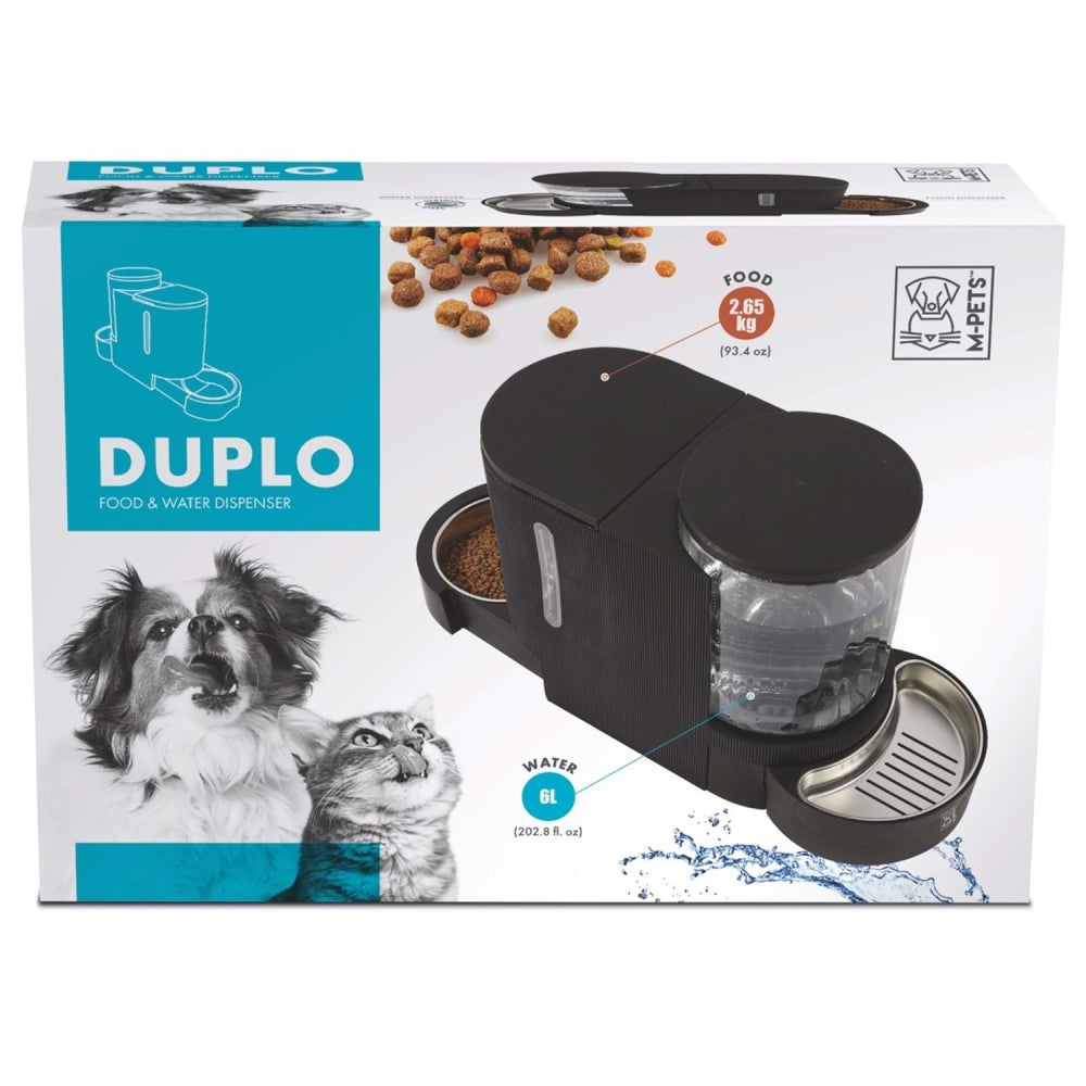 Dual pet food and water dispenser in black, shown on product box