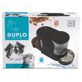 Dual pet food and water dispenser in black, shown on product box
