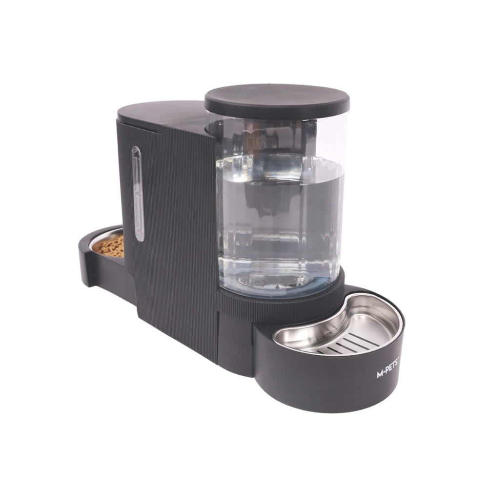 Black dual automatic pet feeder and waterer with clear reservoirs and metal bowl