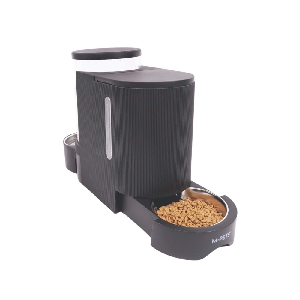 Black dual pet food and water dispenser with food cup and water reservoir