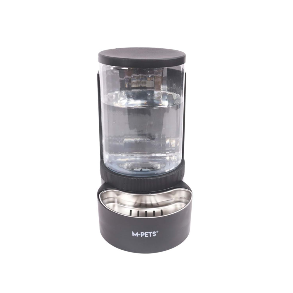 Black automatic pet water feeder with clear water container and base bowl