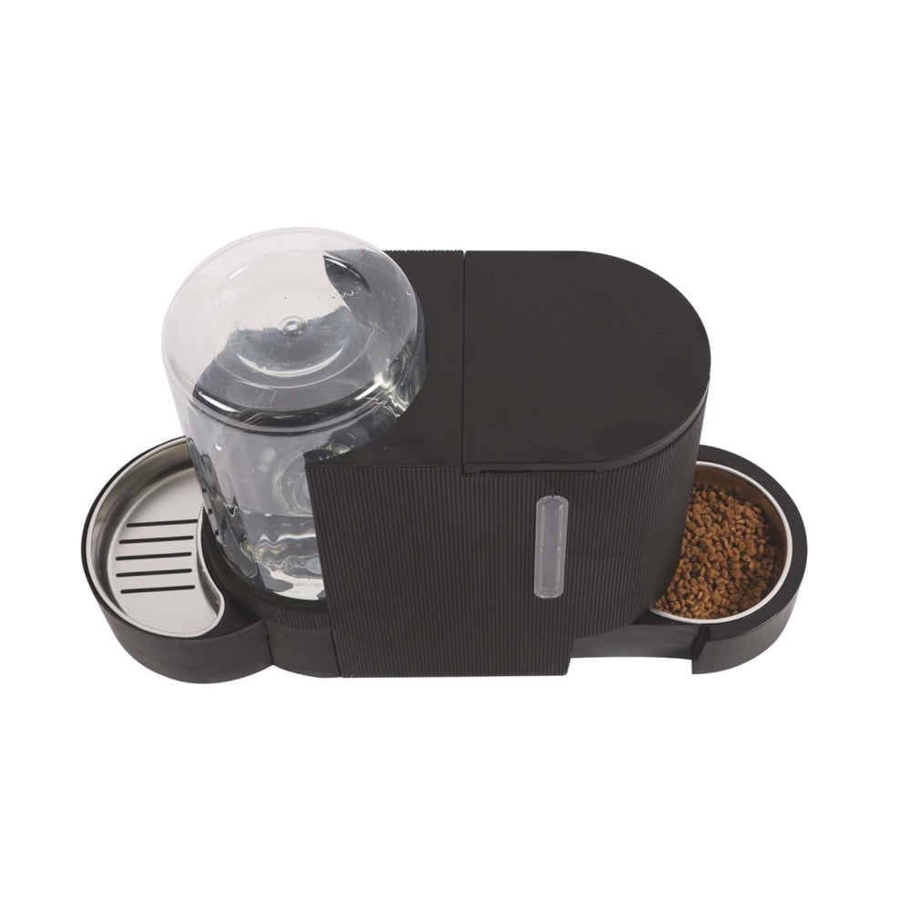 Black dual pet feeder and waterer with transparent water tank and stainless dish