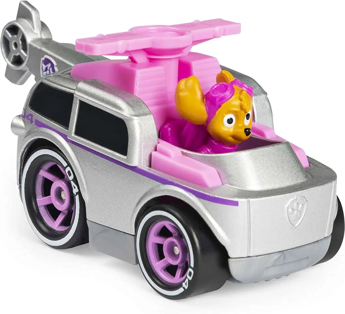 Pink and silver Skye diecast toy car with purple wheels and open cockpit