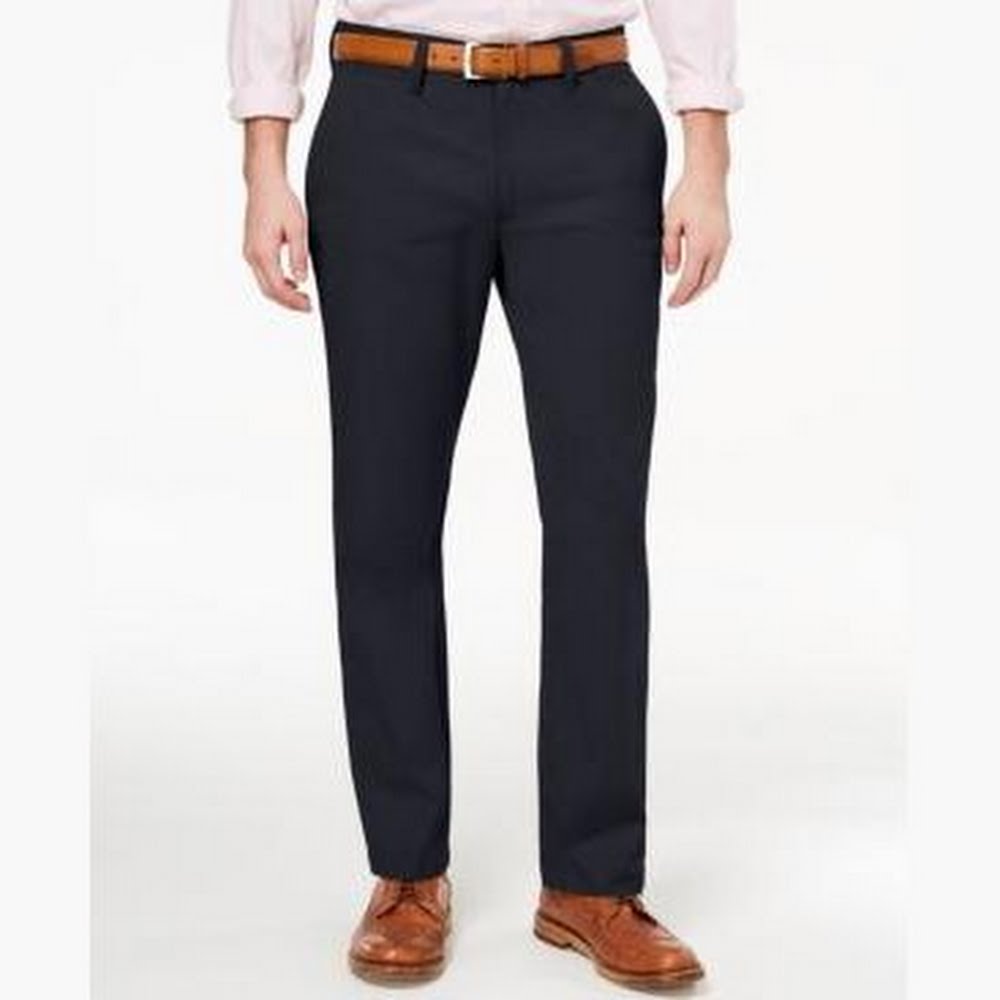 Navy chino pants with tan belt, flat front, button-zip fly and belt loops