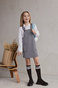 Kids knee-high cotton socks, black with white stripe cuffs and ribbed banding