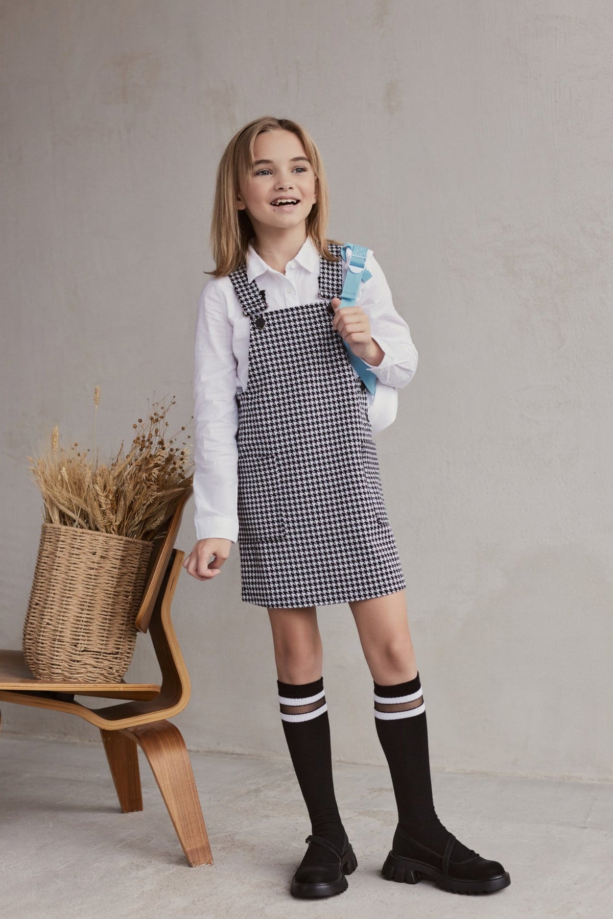 Kids knee-high cotton socks, black with white stripe cuffs and ribbed banding