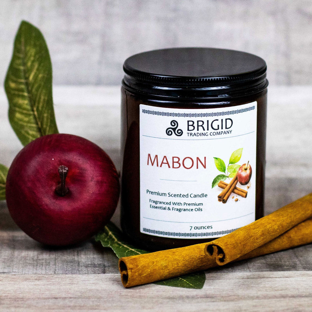 Scented soy candle in black jar with BRIGID label, maroon apple and cinnamon sticks