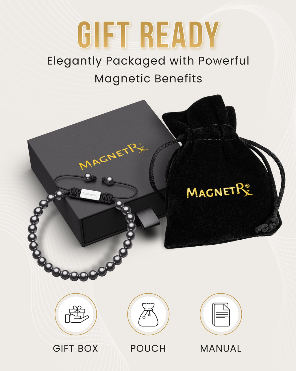 Hematite bead magnetic bracelet in black gift pouch with box and booklet