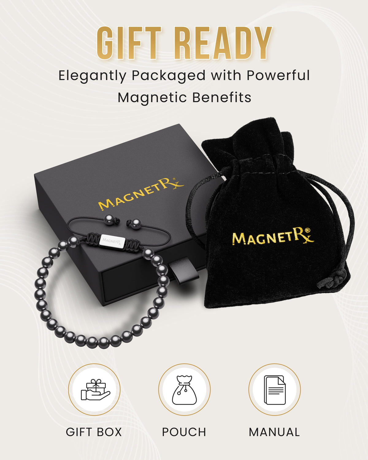Hematite bead magnetic bracelet in black gift pouch with box and booklet