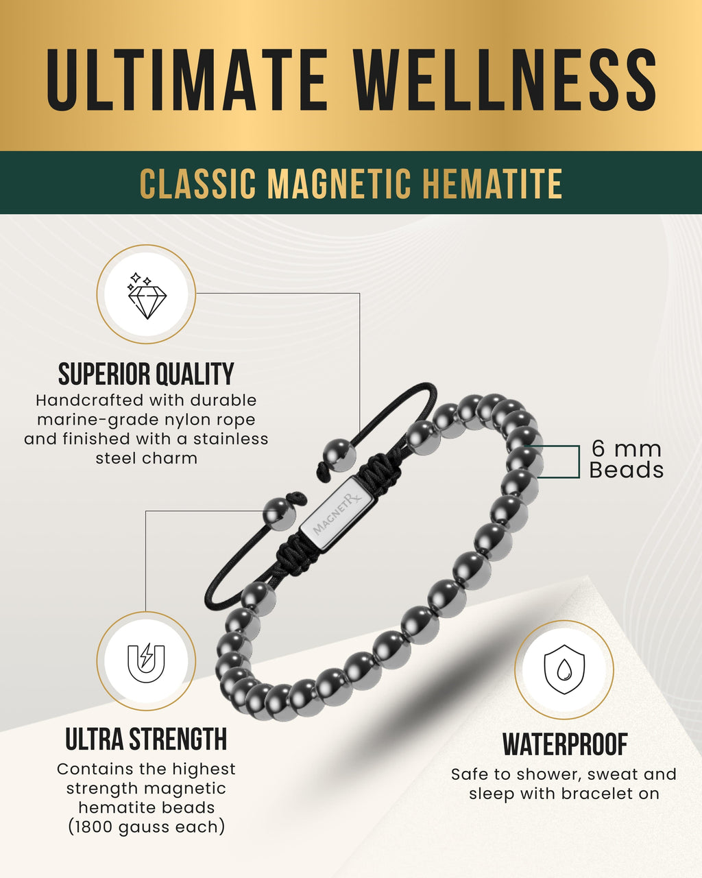 Black hematite bead magnetic bracelet with rectangular charm and looped cord