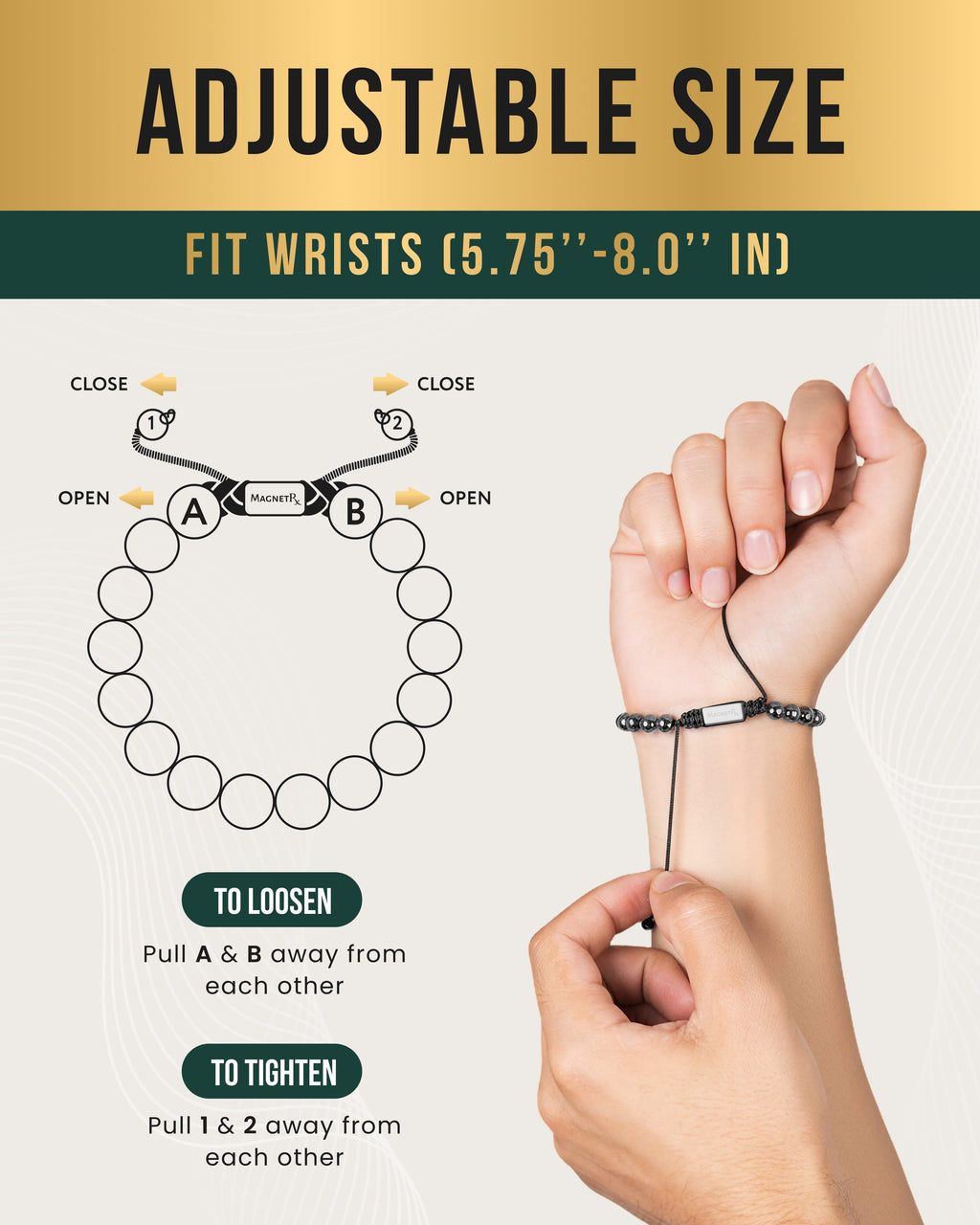 Adjustable hematite bead magnetic bracelet with black cord strap and charm