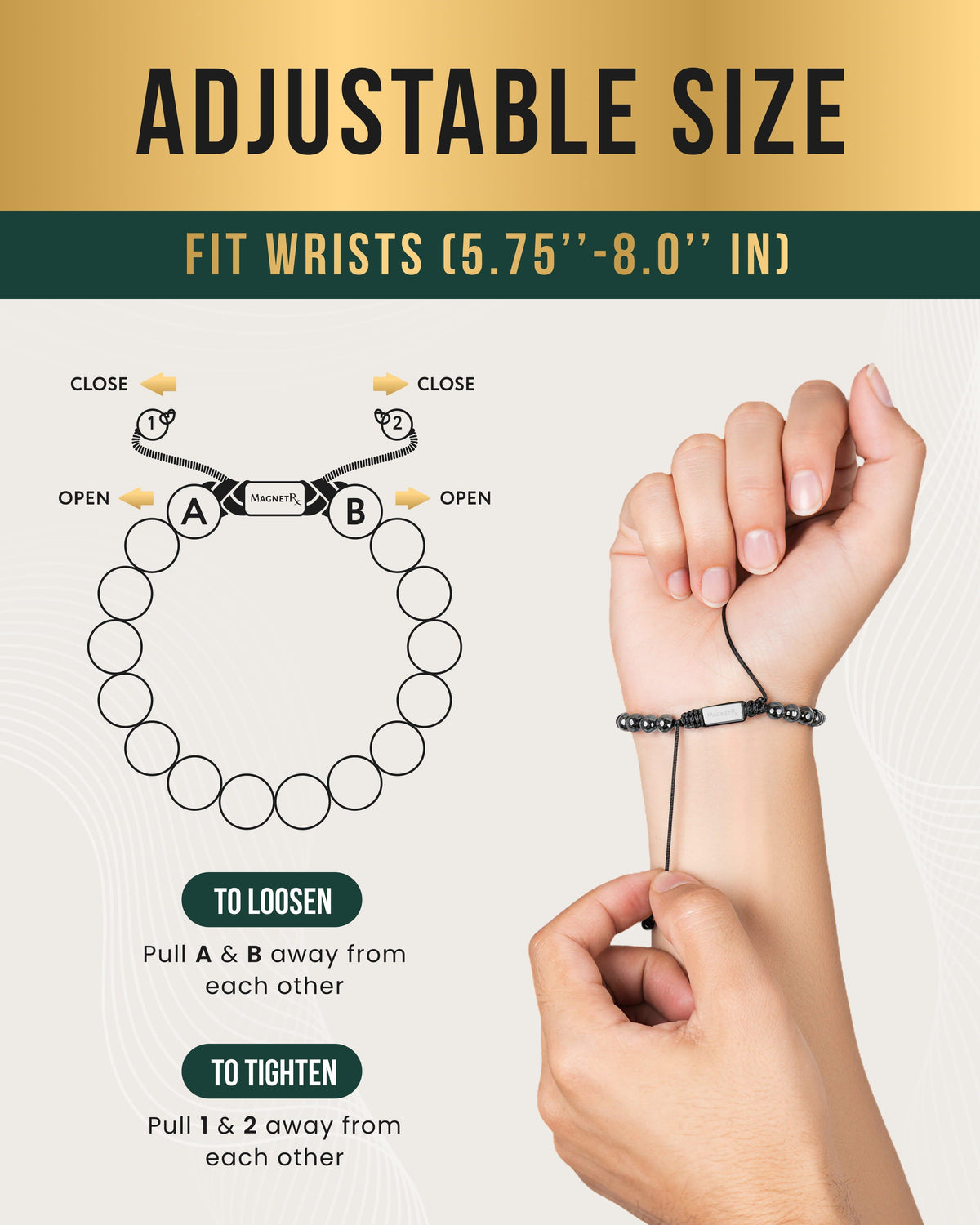 Adjustable hematite bead magnetic bracelet with black cord strap and charm