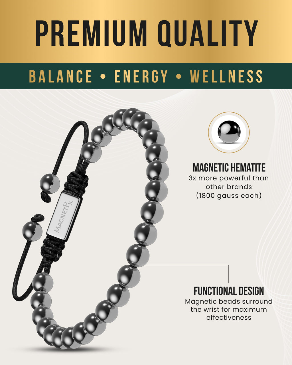 Hematite bead magnetic bracelet with black cord and oval charm detail