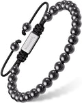 Hematite bead magnetic bracelet with black cord strap and rectangular Magnet charm