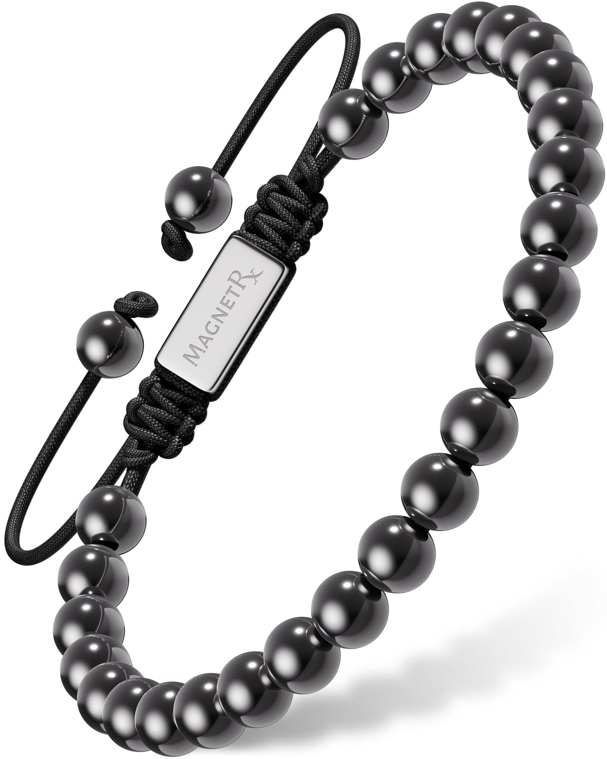 Hematite bead magnetic bracelet with black cord strap and rectangular Magnet charm
