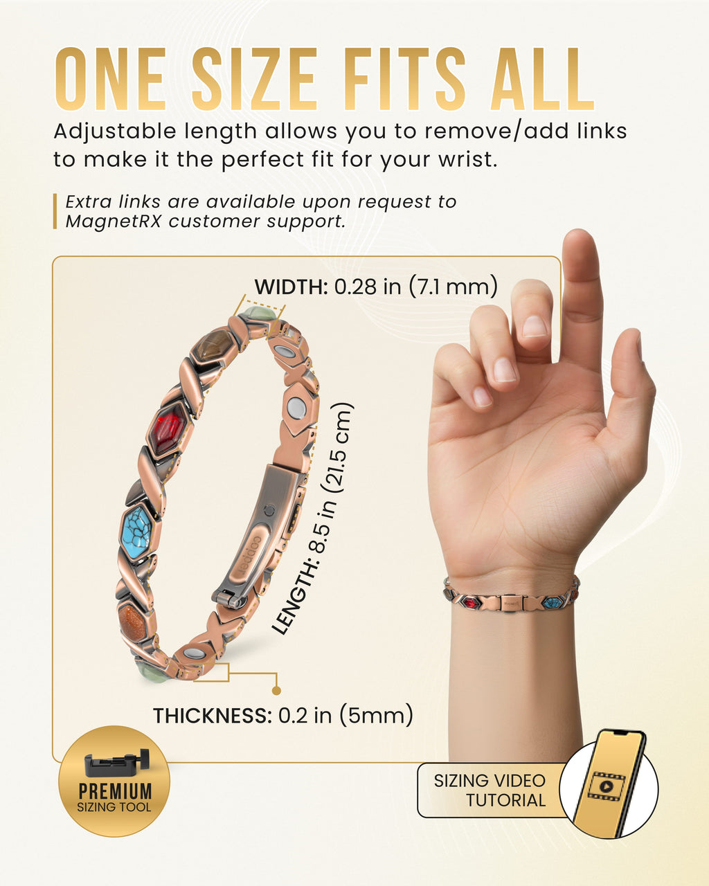 Copper magnetic bracelet shown with slim profile and mixed stone link accents.