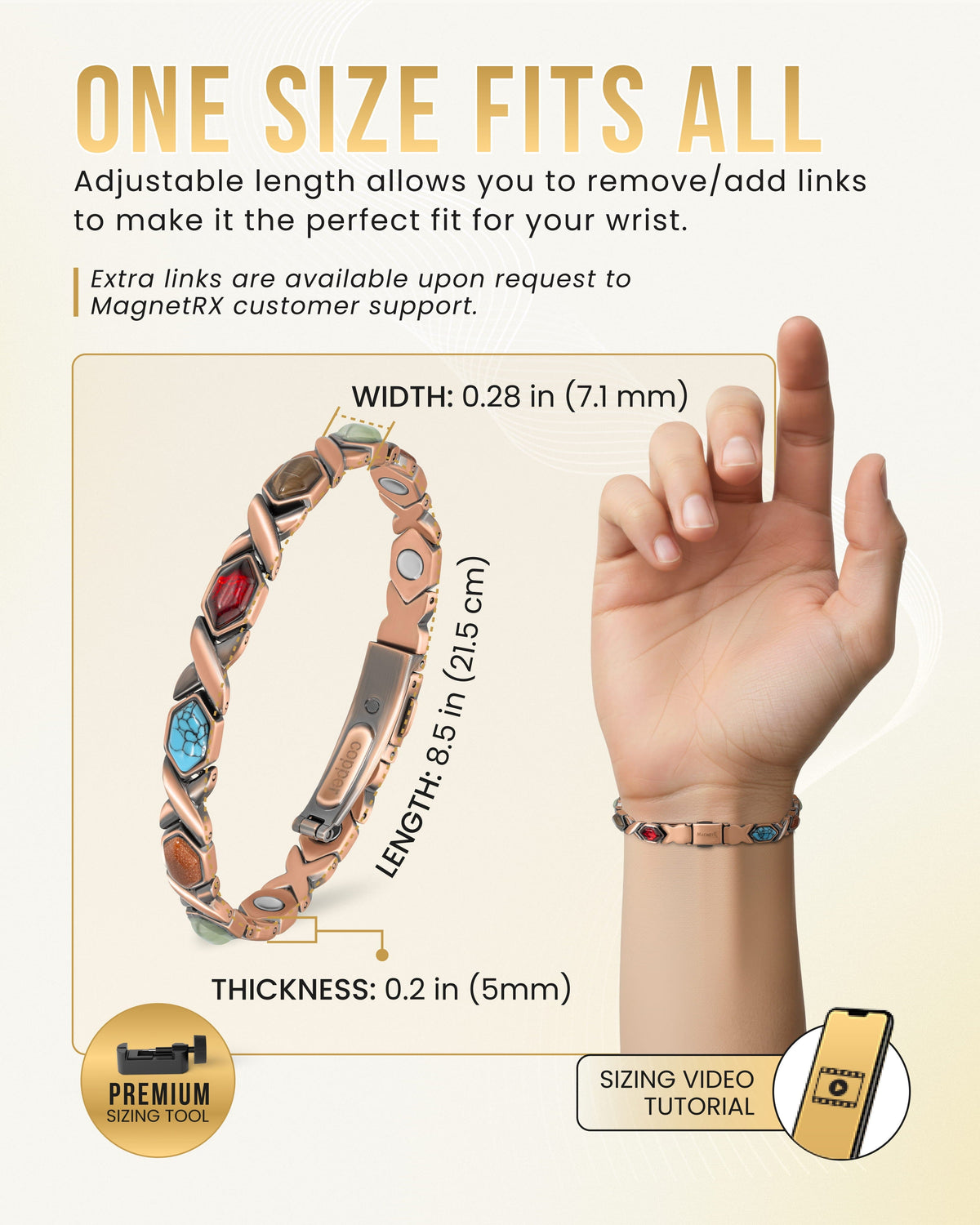 Copper magnetic bracelet shown with slim profile and mixed stone link accents.