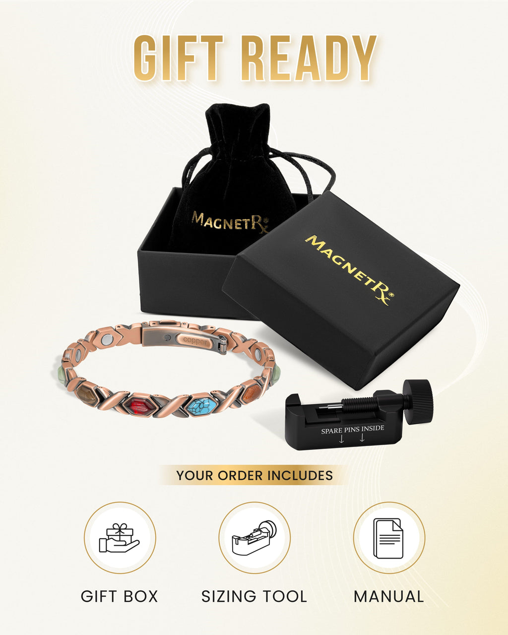 Copper magnetic bracelet with black gift box, sizing tool, and manual.