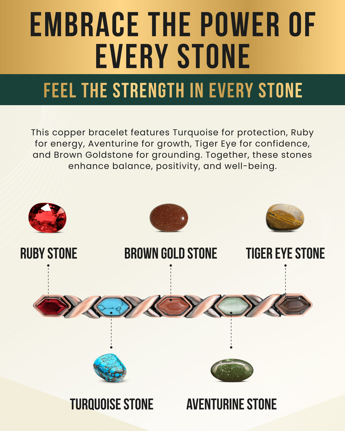 Mixed-stone copper bracelet featuring turquoise, ruby red, and tiger-eye style stones.