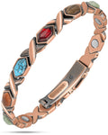 Copper magnetic bracelet with mixed colored inset stones and fold-over clasp.