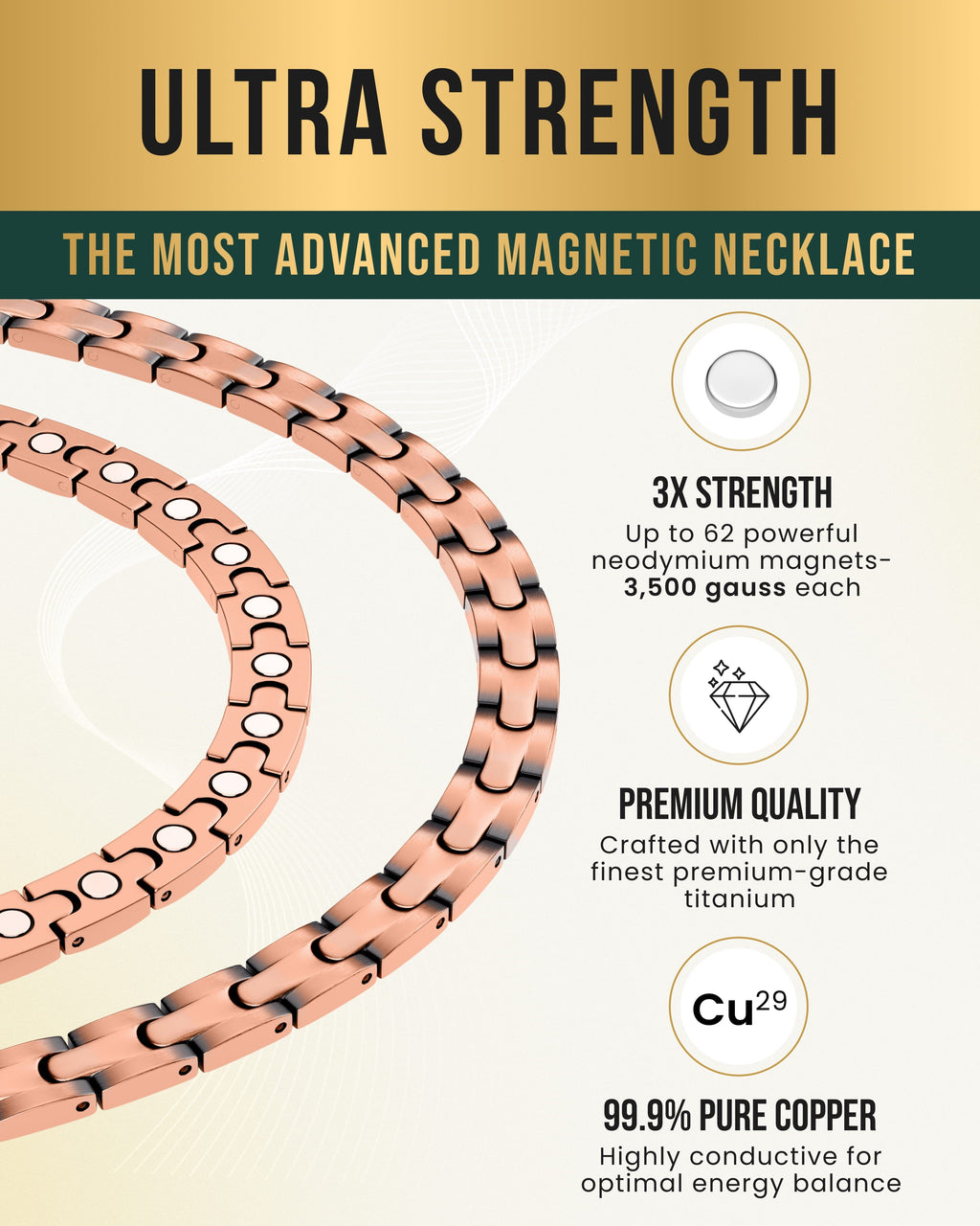 Copper magnetic therapy necklace link chain close-up with magnetic-style icons