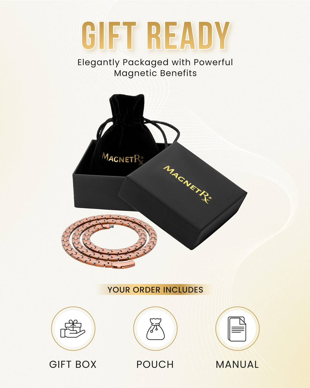 Gift-ready set with copper magnetic therapy necklace in box, pouch, and manual