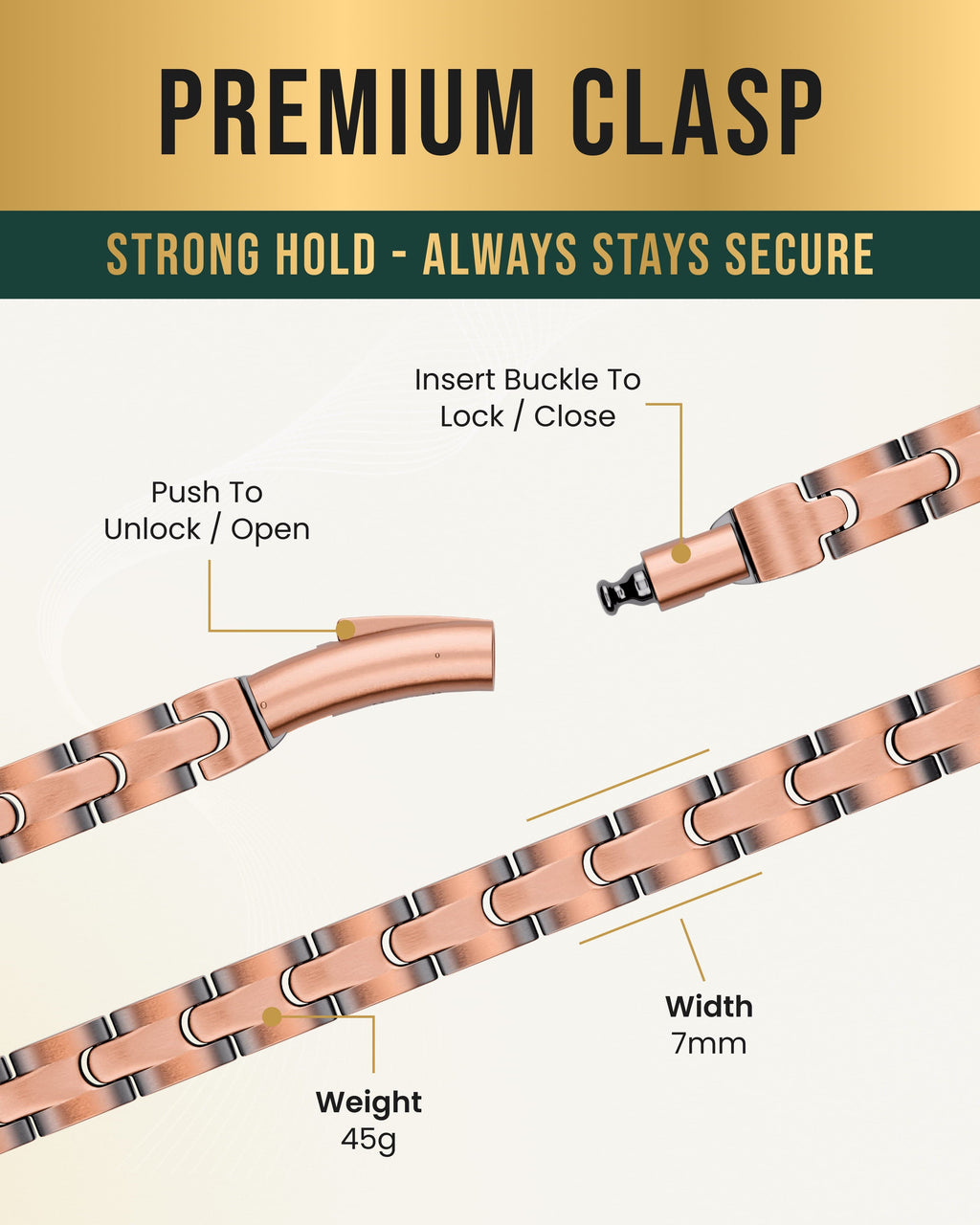 Copper magnetic therapy necklace clasp and chain links with secure buckle