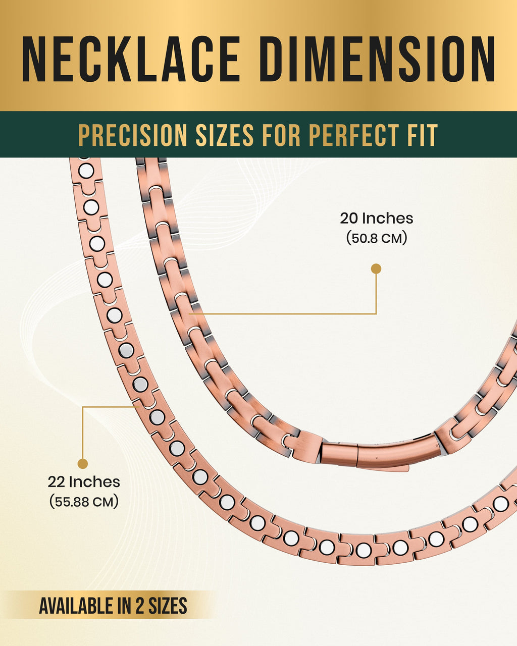 Copper magnetic therapy necklace chain showing 20 and 22 inch lengths