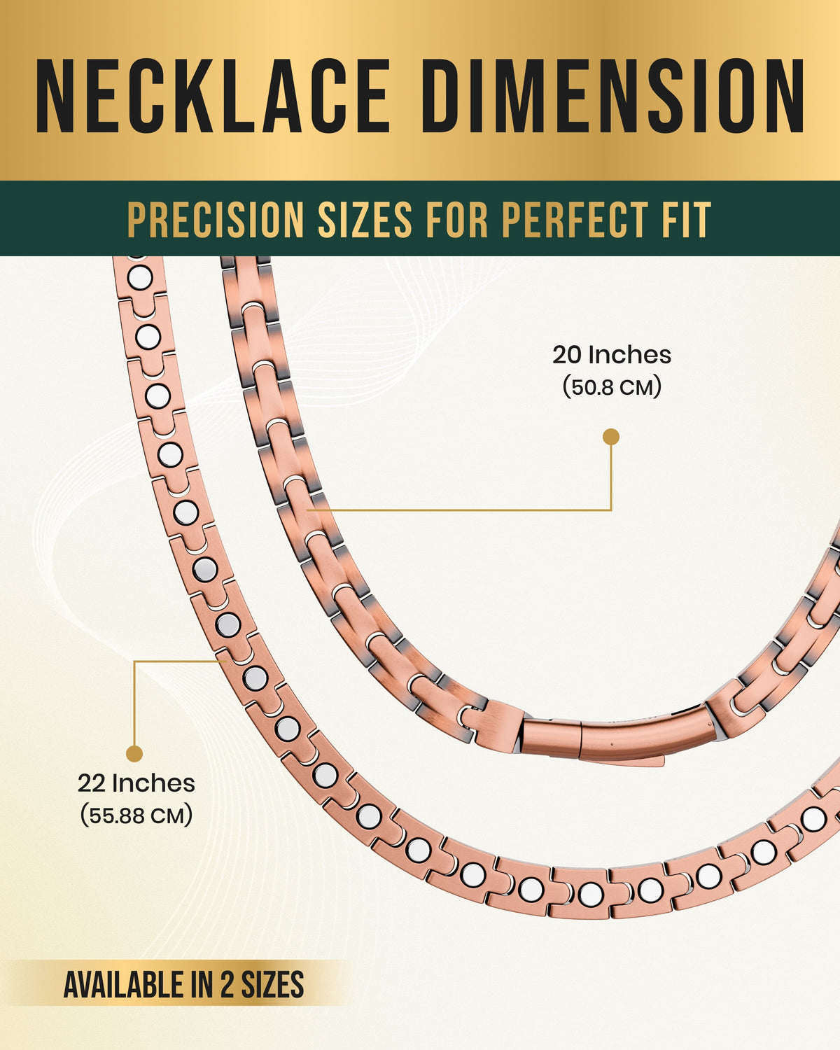 Copper magnetic therapy necklace chain showing 20 and 22 inch lengths