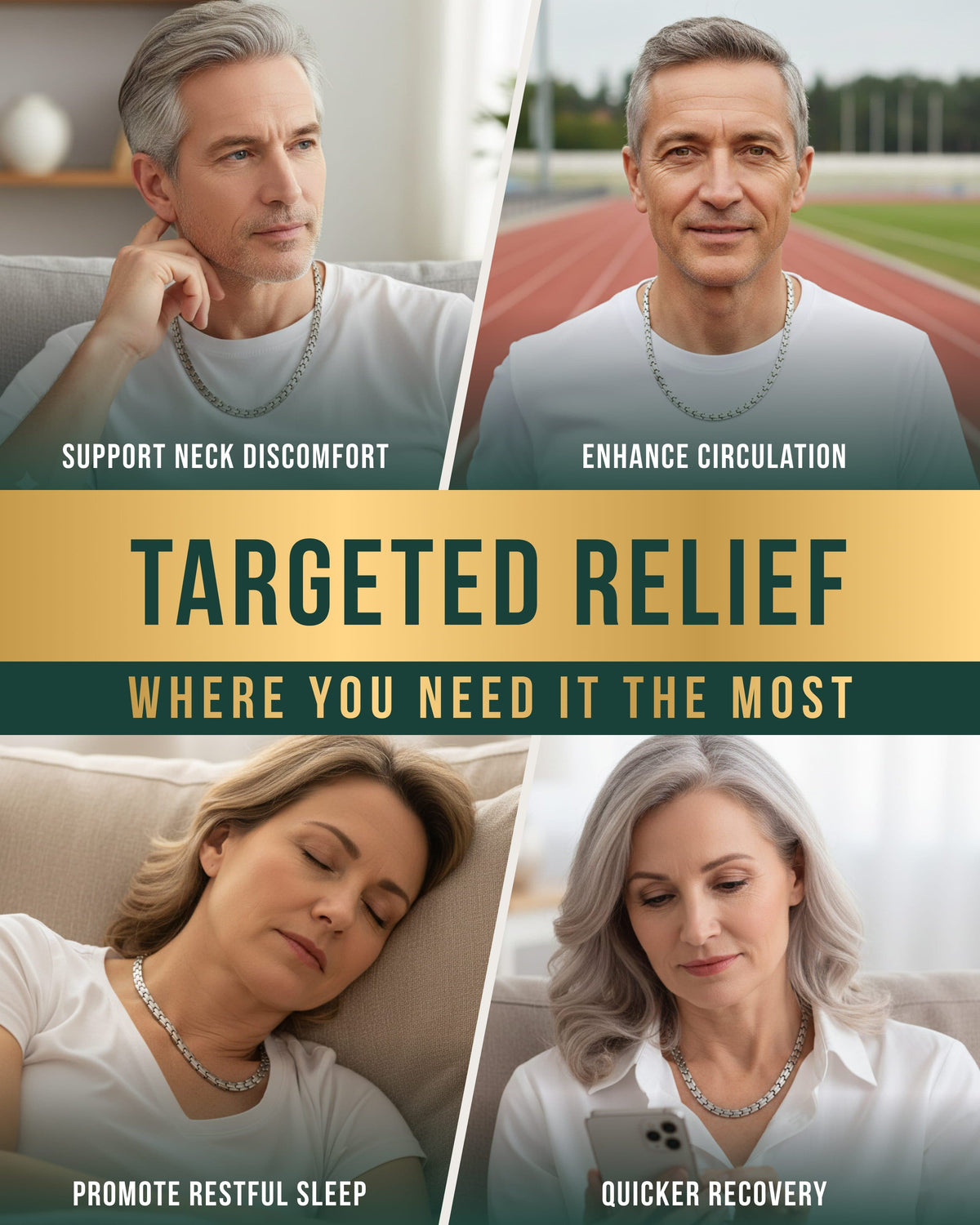 Silver link magnetic therapy necklace worn by adults in split close-up