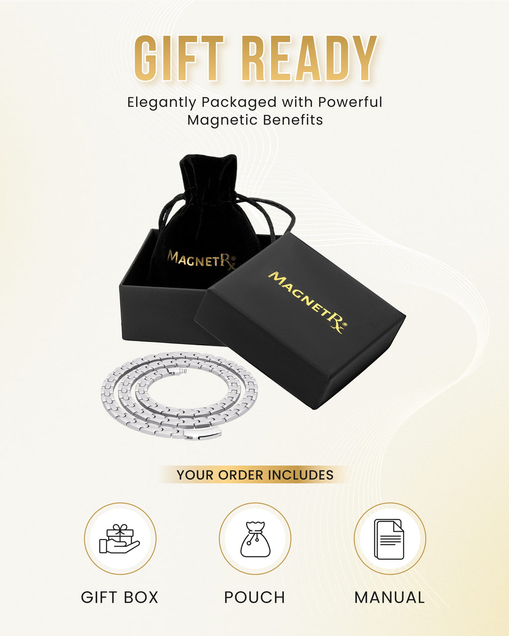 Gift-ready set with black jewelry box, pouch, and coiled silver magnetic necklace