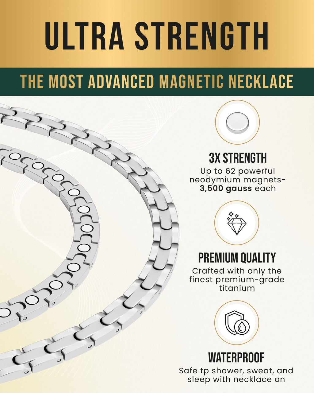 Silver link magnetic therapy necklace curved view with circular magnetic detail