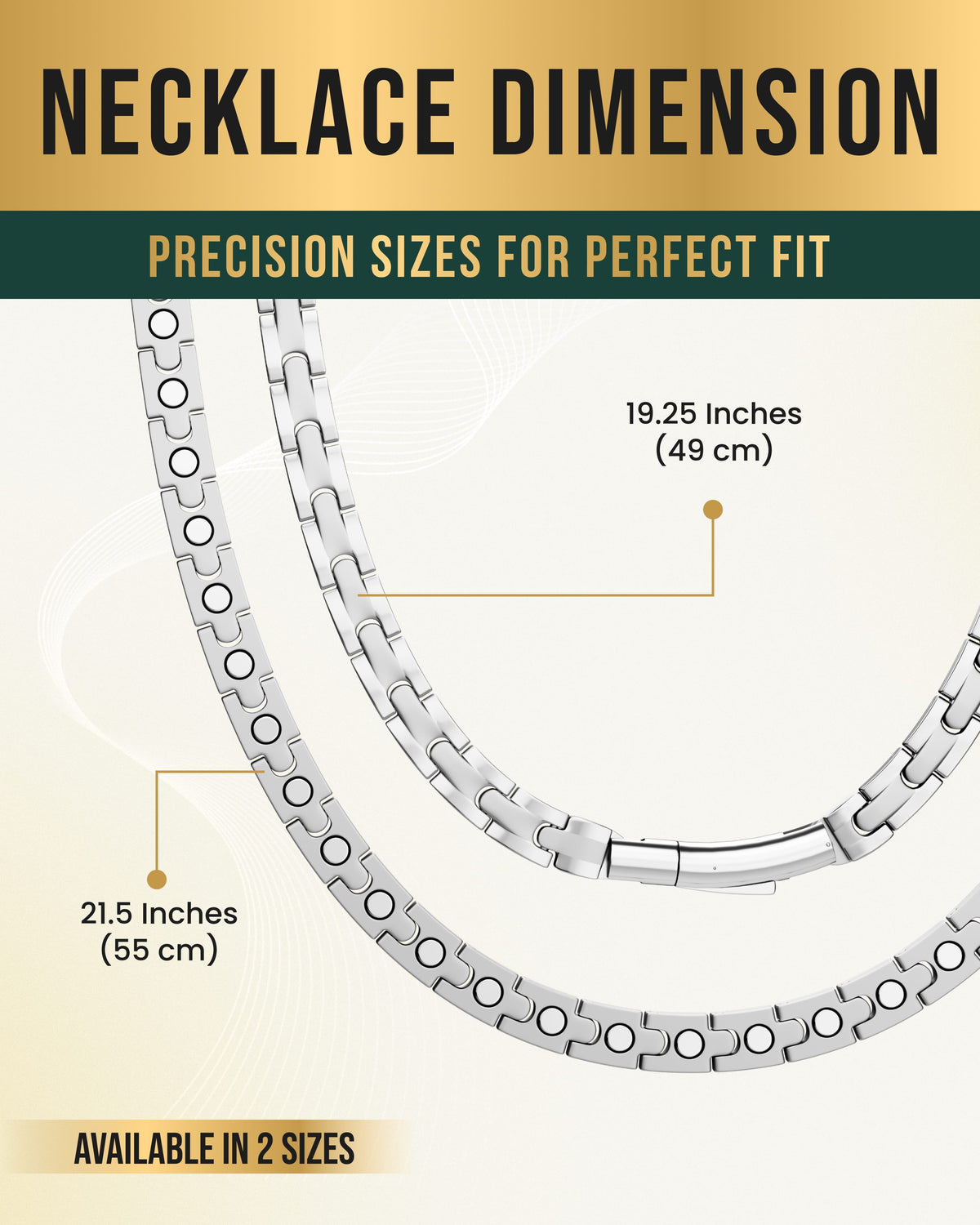 Silver link magnetic therapy necklace size diagram with measurement lines