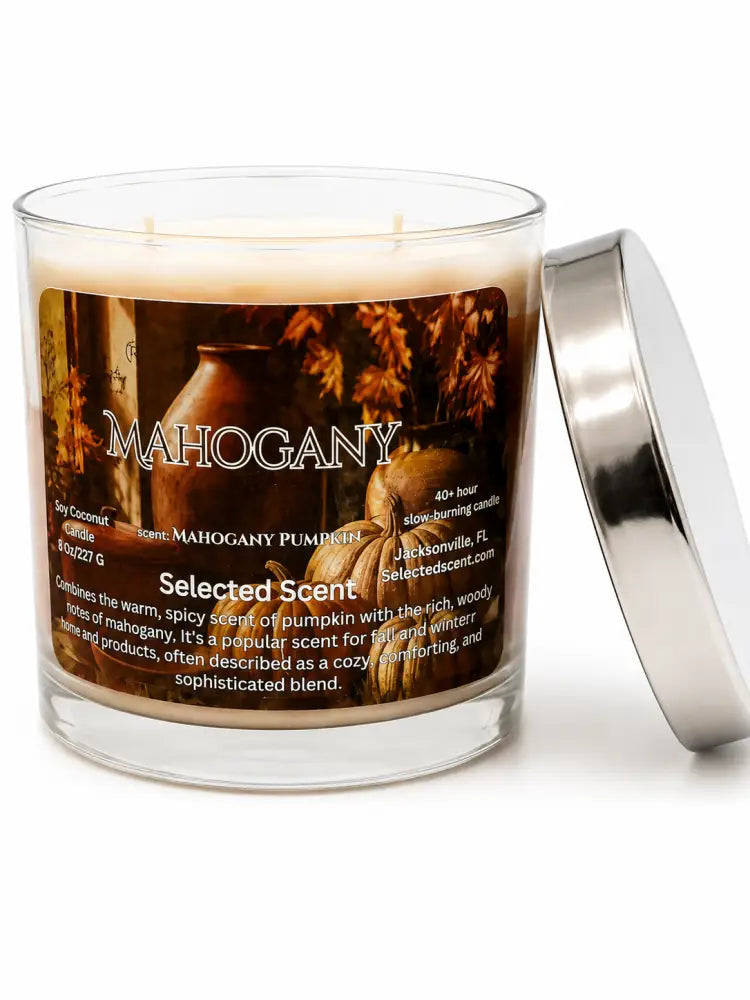 Mahogany marbled 8 oz glass candle with metal lid, labeled selected scent, burning wick