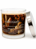 Mahogany marbled 8 oz glass candle with metal lid, labeled selected scent, burning wick