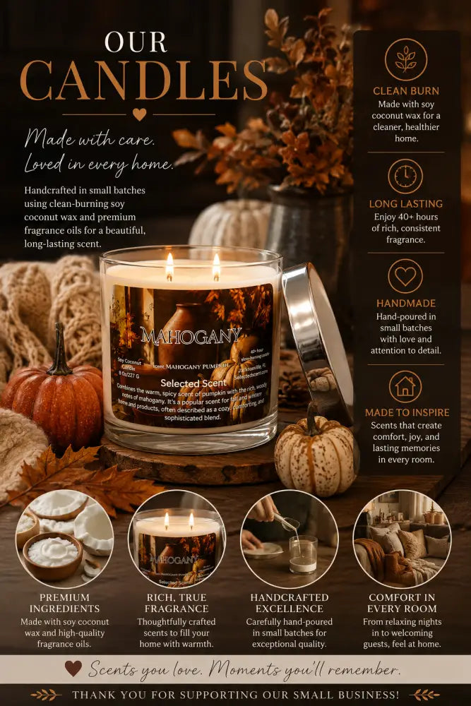 Mahogany marbled 8 oz glass candle with lit wick and metal lid on display