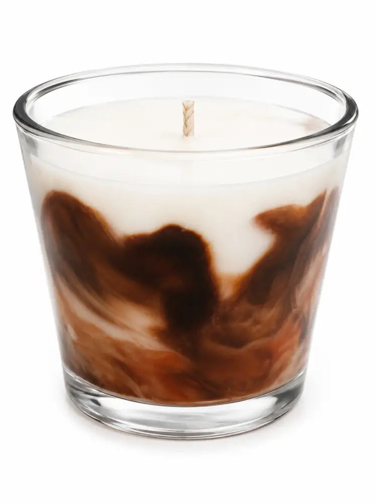 Mahogany marbled 8 oz glass candle showing dark marbled wax and centered wick