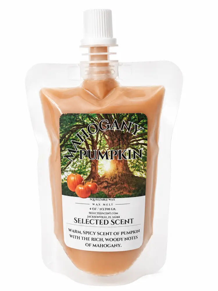 Squeezable wax melt pouch, Mahogany Pumpkin selected scent, amber-orange wax with pump cap