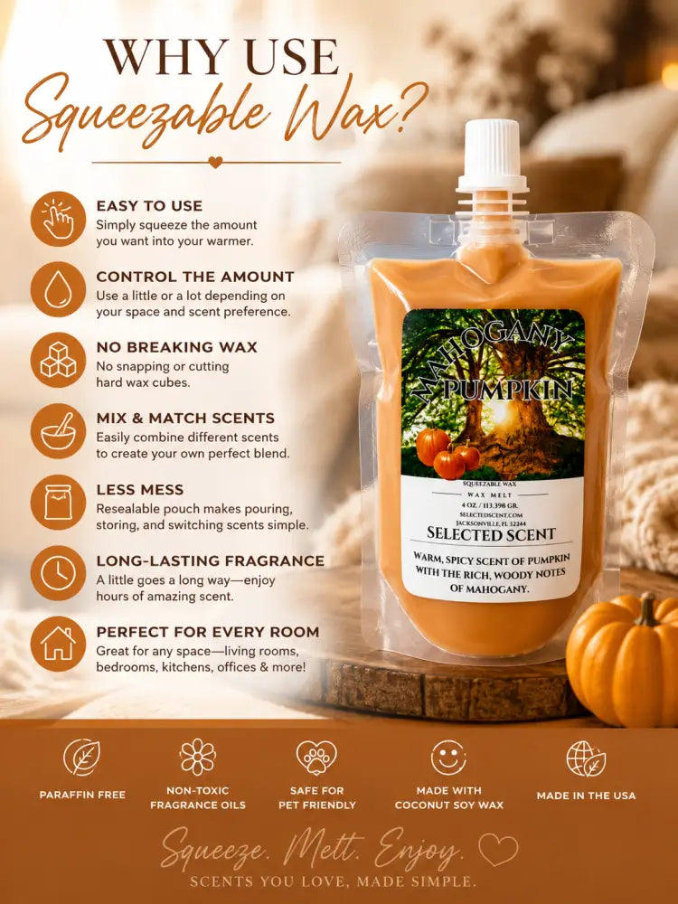Squeezable wax melt pouch with Mahogany Pumpkin label, peach-orange wax, pump cap
