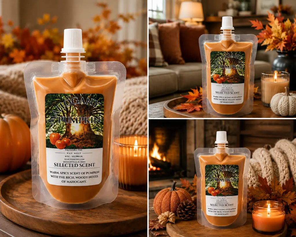Squeezable wax melt pouch with Mahogany Pumpkin label, peach-orange wax in clear pouch