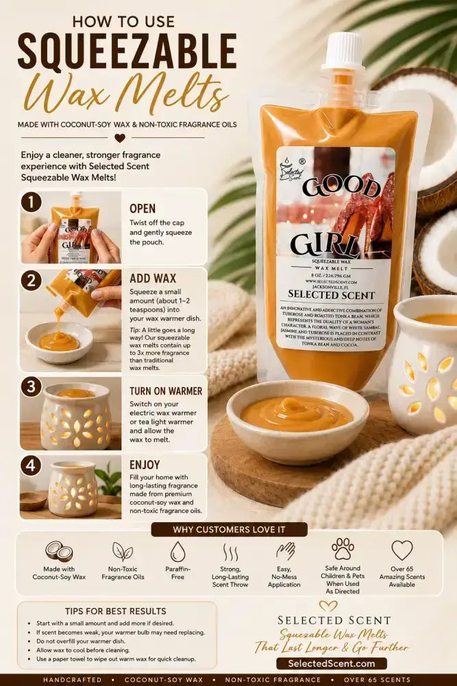 How-to-use squeezable wax melts card with Mahogany Pumpkin wax pouch and melting bowl