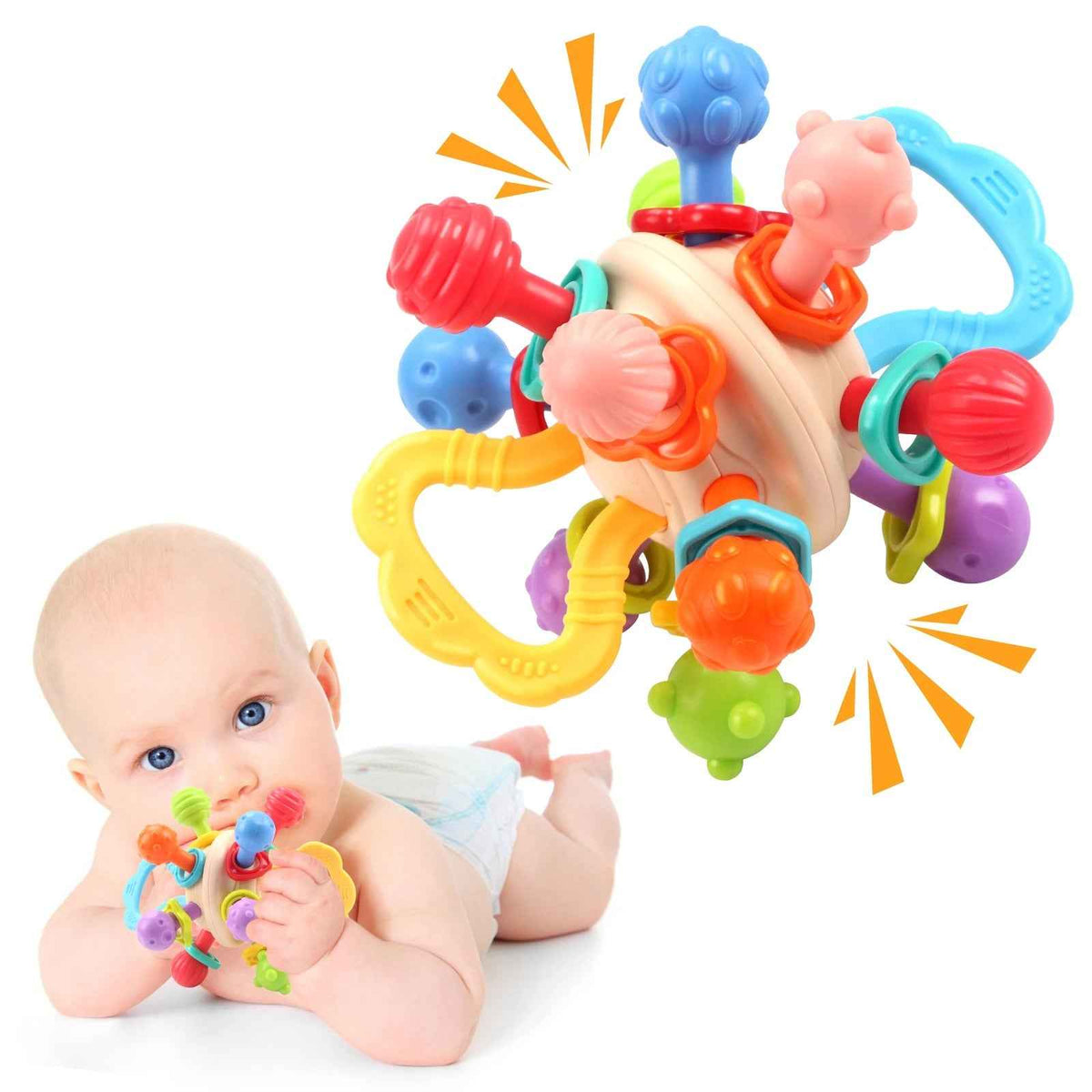 Soft silicone baby rattle teether with orange, blue, red, purple, and green textured parts
